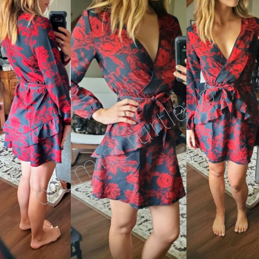 New Sexy Chic Floral Wrap Long Sleeve Mini Dress - Picture 7 of 13